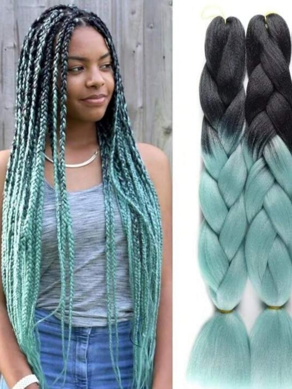 SHEIN | Ombre Mint Green to Black Jumbo Braiding Hair Extensions - 2pcs, 24in